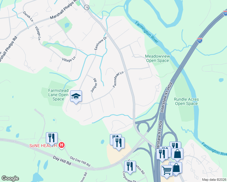map of restaurants, bars, coffee shops, grocery stores, and more near 41 Farmstead Lane in Windsor