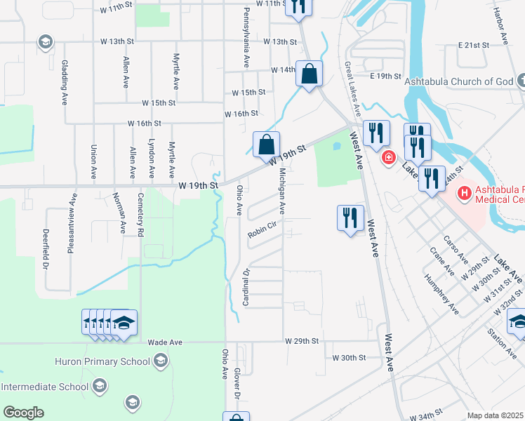 map of restaurants, bars, coffee shops, grocery stores, and more near 1749 Blue Jay Circle in Ashtabula