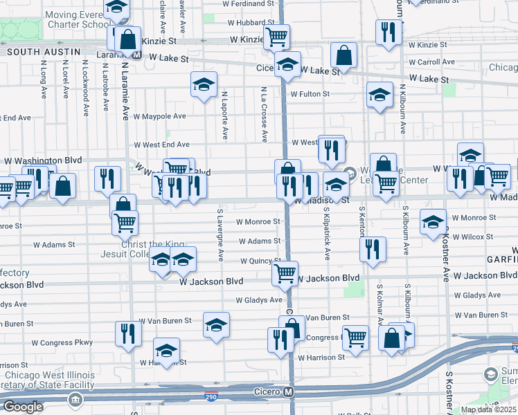 map of restaurants, bars, coffee shops, grocery stores, and more near 4843 W Madison St in Chicago