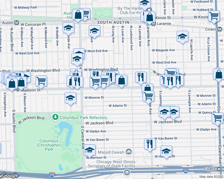 map of restaurants, bars, coffee shops, grocery stores, and more near 5405 West Madison Street in Chicago