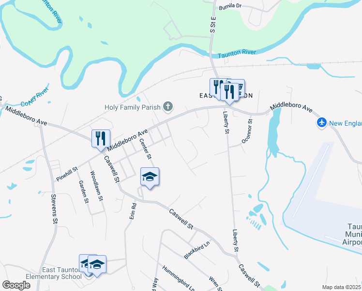 map of restaurants, bars, coffee shops, grocery stores, and more near 52 Cullen Street in Taunton