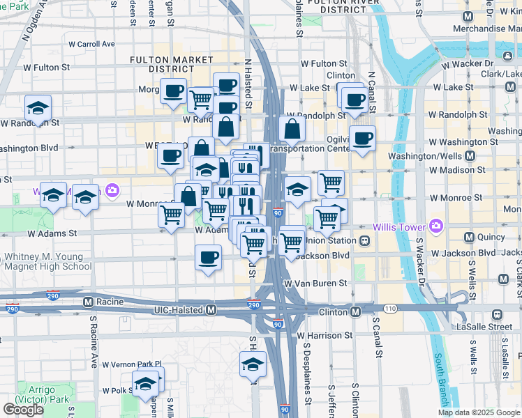 map of restaurants, bars, coffee shops, grocery stores, and more near 765 West Monroe Street in Chicago