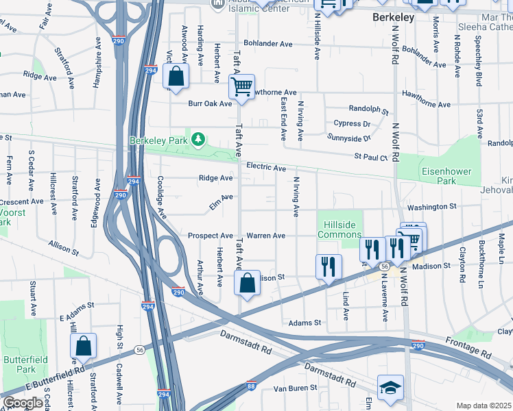 map of restaurants, bars, coffee shops, grocery stores, and more near 5158 Washington Street in Hillside