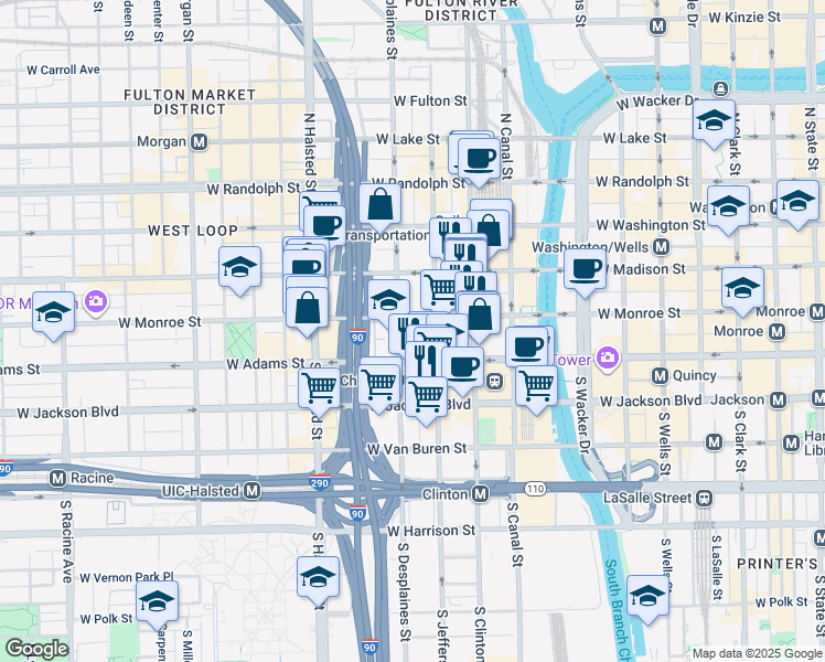 map of restaurants, bars, coffee shops, grocery stores, and more near 119 South Desplaines Street in Chicago