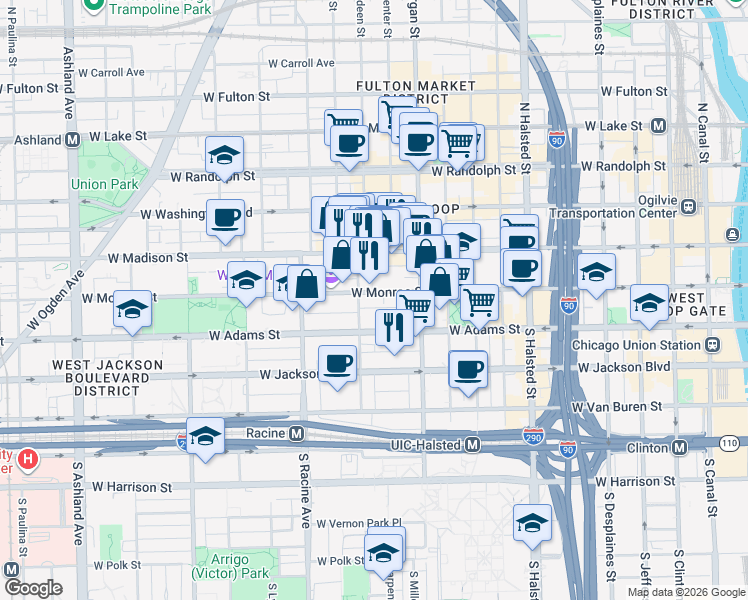 map of restaurants, bars, coffee shops, grocery stores, and more near 1051 West Monroe Street in Chicago