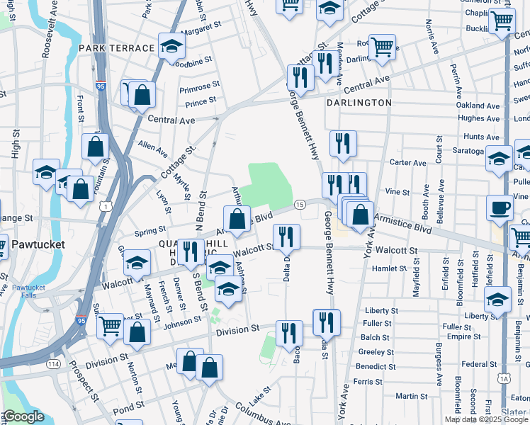 map of restaurants, bars, coffee shops, grocery stores, and more near 195 Armistice Boulevard in Pawtucket