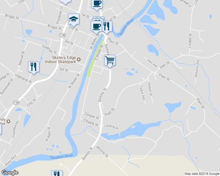 map of restaurants, bars, coffee shops, grocery stores, and more near 188 Berkley Street in Taunton