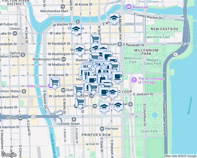 map of restaurants, bars, coffee shops, grocery stores, and more near in Chicago