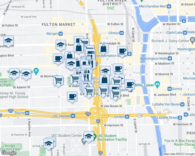 map of restaurants, bars, coffee shops, grocery stores, and more near 715 West Monroe Street in Chicago