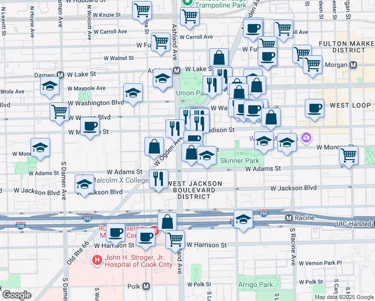 map of restaurants, bars, coffee shops, grocery stores, and more near 105 South Ashland Avenue in Chicago