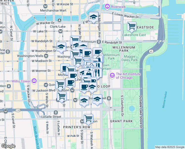 map of restaurants, bars, coffee shops, grocery stores, and more near 135 South Wabash Avenue in Chicago