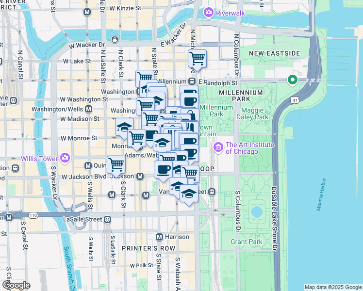 map of restaurants, bars, coffee shops, grocery stores, and more near 135 South Wabash Avenue in Chicago
