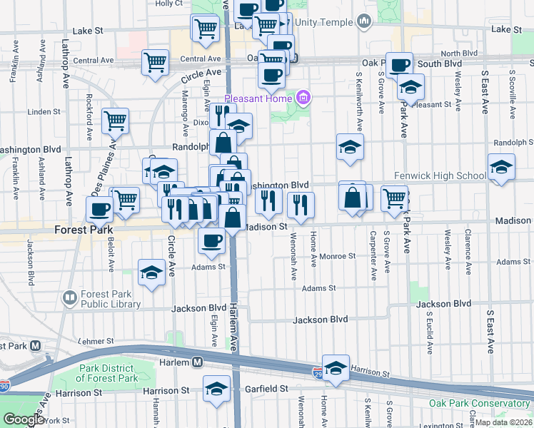 map of restaurants, bars, coffee shops, grocery stores, and more near 433 Wisconsin Avenue in Oak Park