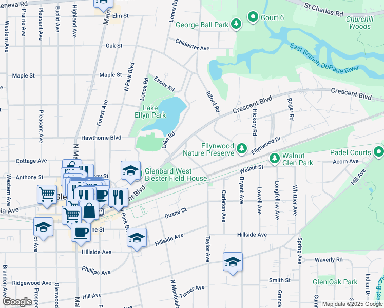 map of restaurants, bars, coffee shops, grocery stores, and more near 563 Taylor Avenue in Glen Ellyn
