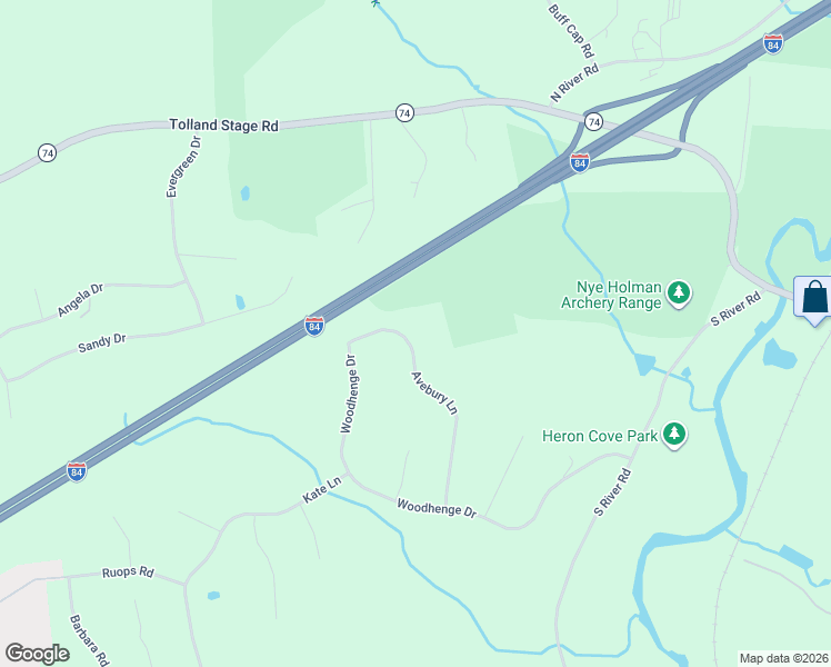 map of restaurants, bars, coffee shops, grocery stores, and more near 74 Avebury Lane in Tolland