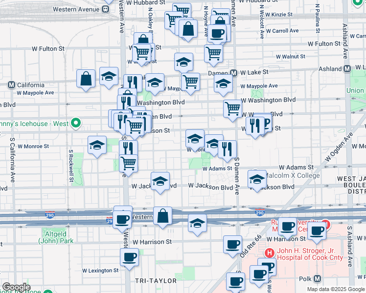 map of restaurants, bars, coffee shops, grocery stores, and more near 2174 West Monroe Street in Chicago