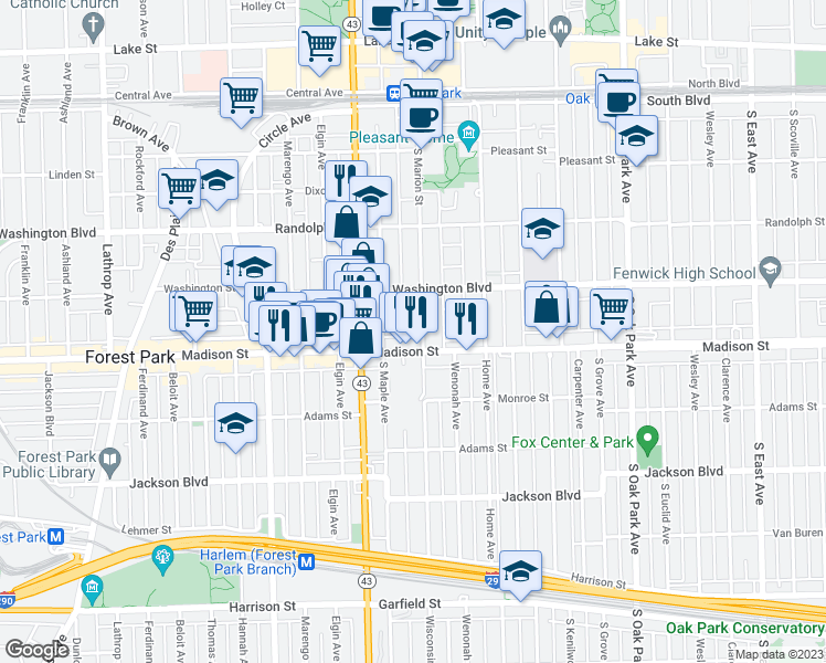 map of restaurants, bars, coffee shops, grocery stores, and more near 433 Wisconsin Avenue in Oak Park