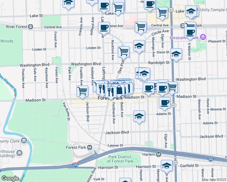 map of restaurants, bars, coffee shops, grocery stores, and more near 334 Desplaines Avenue in Forest Park