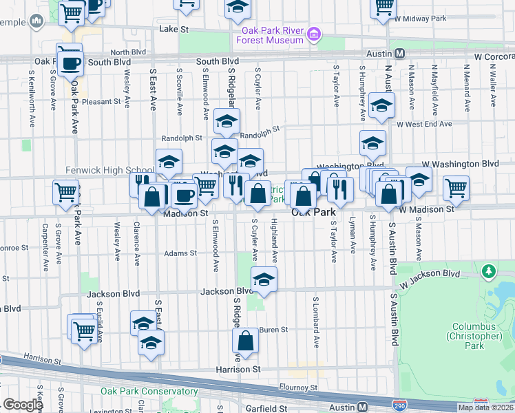 map of restaurants, bars, coffee shops, grocery stores, and more near 300 Madison Street in Oak Park