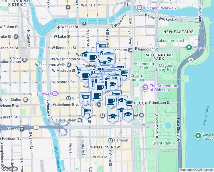 map of restaurants, bars, coffee shops, grocery stores, and more near in Chicago