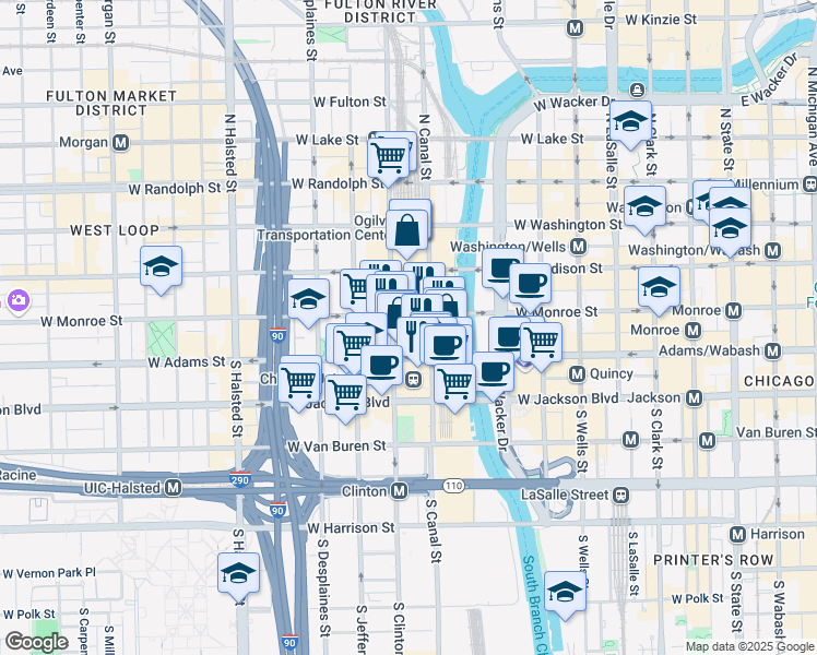 map of restaurants, bars, coffee shops, grocery stores, and more near 500 West Monroe Street in Chicago