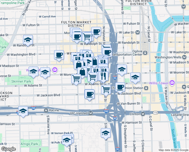 map of restaurants, bars, coffee shops, grocery stores, and more near 113 South Peoria Street in Chicago