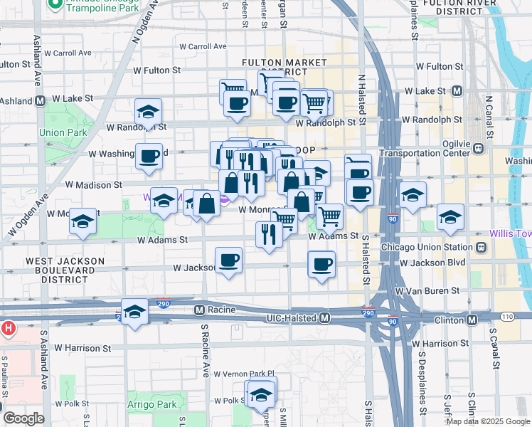 map of restaurants, bars, coffee shops, grocery stores, and more near 1051 West Monroe Street in Chicago
