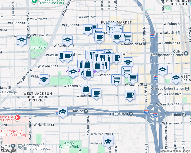 map of restaurants, bars, coffee shops, grocery stores, and more near 1113 West Monroe Street in Chicago