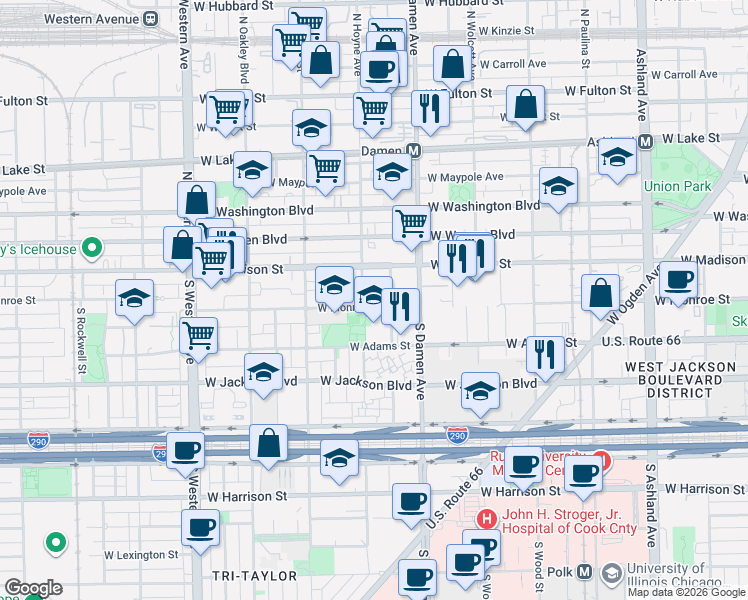 map of restaurants, bars, coffee shops, grocery stores, and more near 2003 West Monroe Street in Chicago