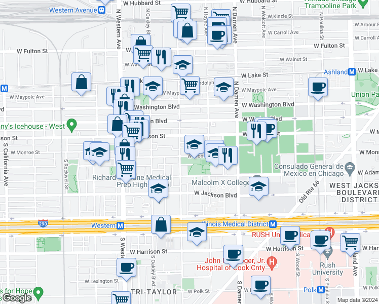 map of restaurants, bars, coffee shops, grocery stores, and more near 2144 West Monroe Street in Chicago