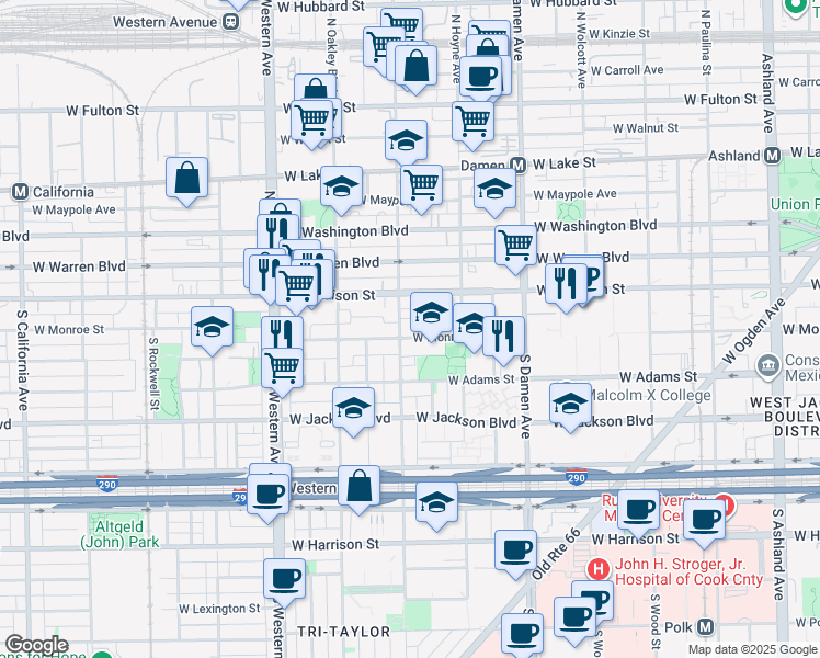 map of restaurants, bars, coffee shops, grocery stores, and more near 2144 West Monroe Street in Chicago