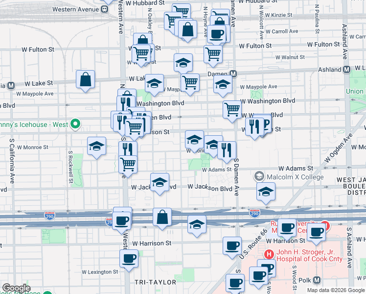 map of restaurants, bars, coffee shops, grocery stores, and more near 2144 West Monroe Street in Chicago