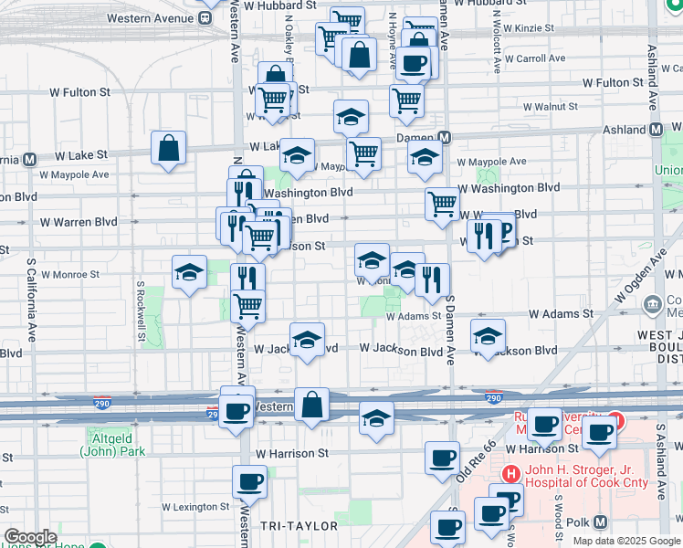 map of restaurants, bars, coffee shops, grocery stores, and more near 2144 West Monroe Street in Chicago