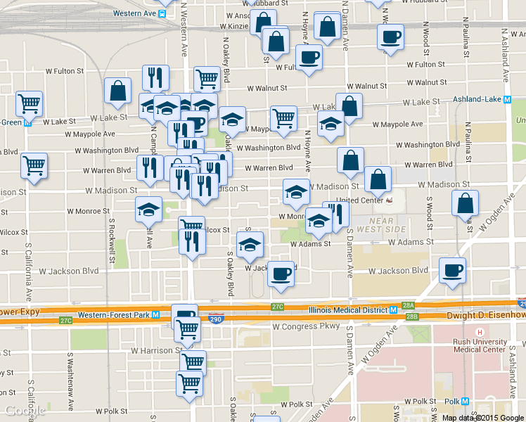 map of restaurants, bars, coffee shops, grocery stores, and more near 2222 West Monroe Street in Chicago