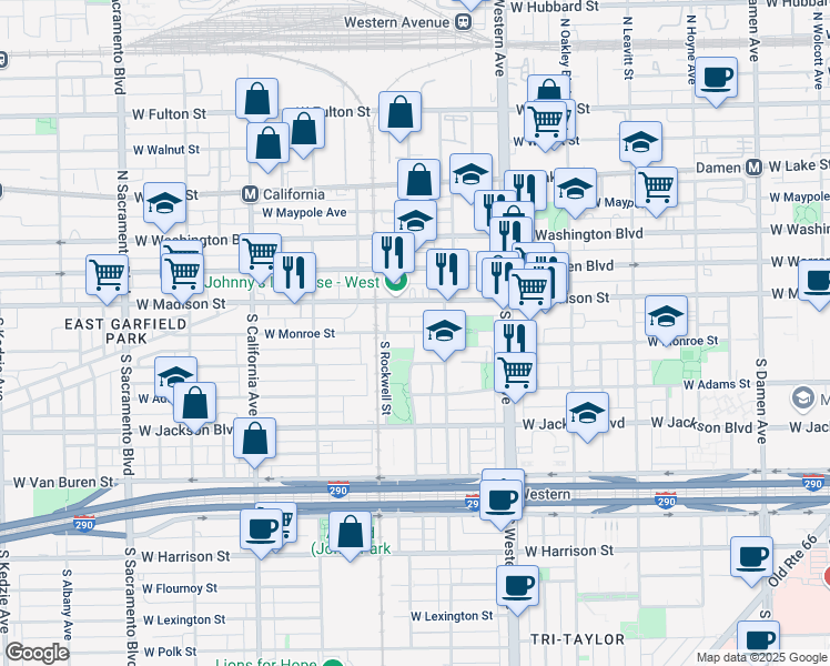 map of restaurants, bars, coffee shops, grocery stores, and more near 2527 West Monroe Street in Chicago