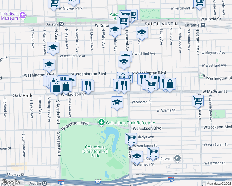 map of restaurants, bars, coffee shops, grocery stores, and more near 5635 West Madison Street in Chicago