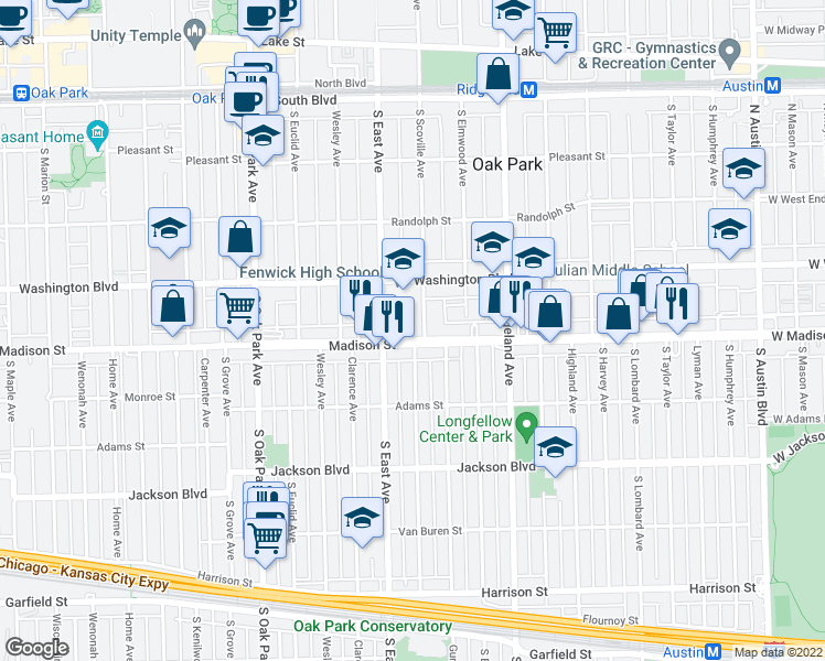map of restaurants, bars, coffee shops, grocery stores, and more near 437 South Scoville Avenue in Oak Park