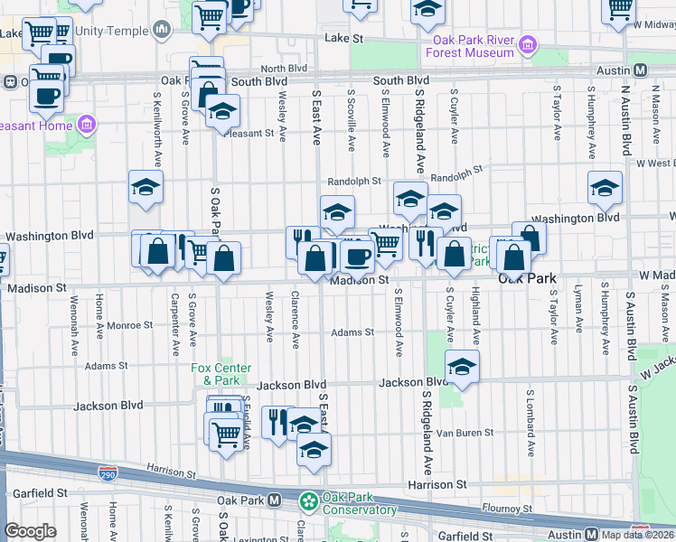 map of restaurants, bars, coffee shops, grocery stores, and more near 544 Madison Street in Oak Park