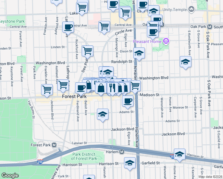map of restaurants, bars, coffee shops, grocery stores, and more near 7335 Madison Street in Forest Park