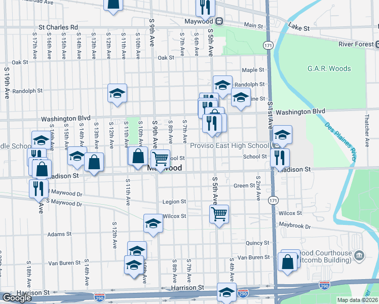 map of restaurants, bars, coffee shops, grocery stores, and more near 818 South 7th Avenue in Maywood