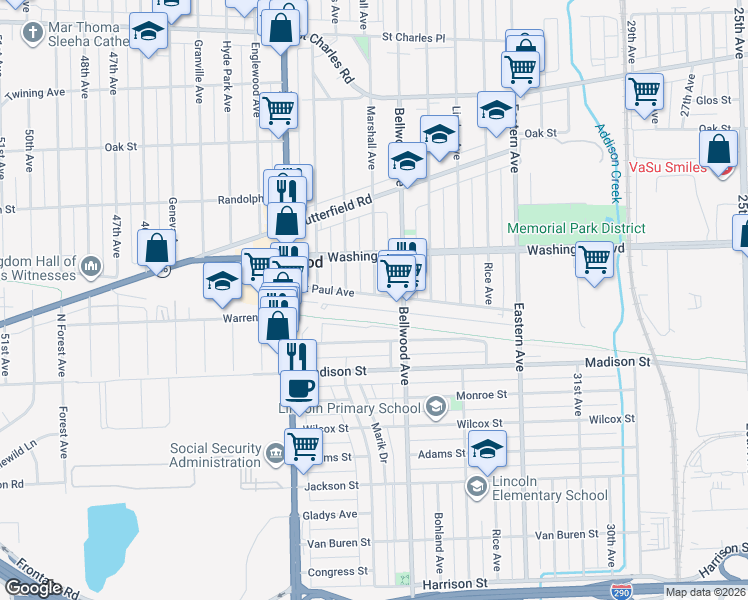 map of restaurants, bars, coffee shops, grocery stores, and more near 3724 Saint Paul Avenue in Bellwood