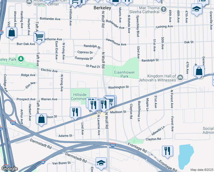 map of restaurants, bars, coffee shops, grocery stores, and more near 523N North Wolf Road in Hillside