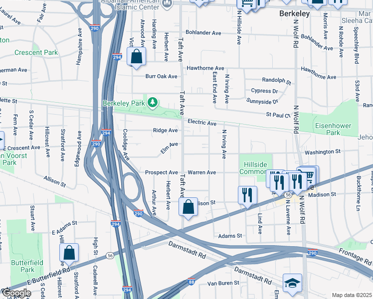 map of restaurants, bars, coffee shops, grocery stores, and more near 5158 Washington Street in Hillside
