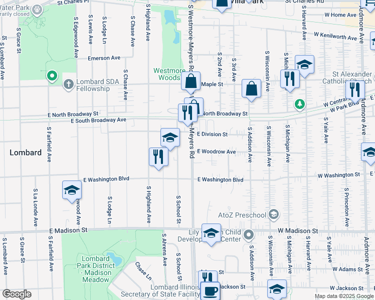 map of restaurants, bars, coffee shops, grocery stores, and more near 403 South School Street in Lombard