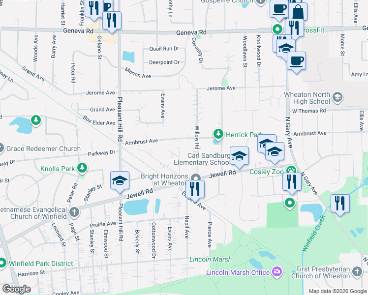 map of restaurants, bars, coffee shops, grocery stores, and more near N380 Silverleaf Boulevard in Wheaton