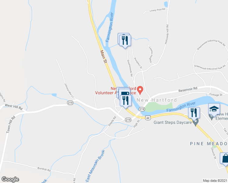 map of restaurants, bars, coffee shops, grocery stores, and more near 551 Main Street in New Hartford