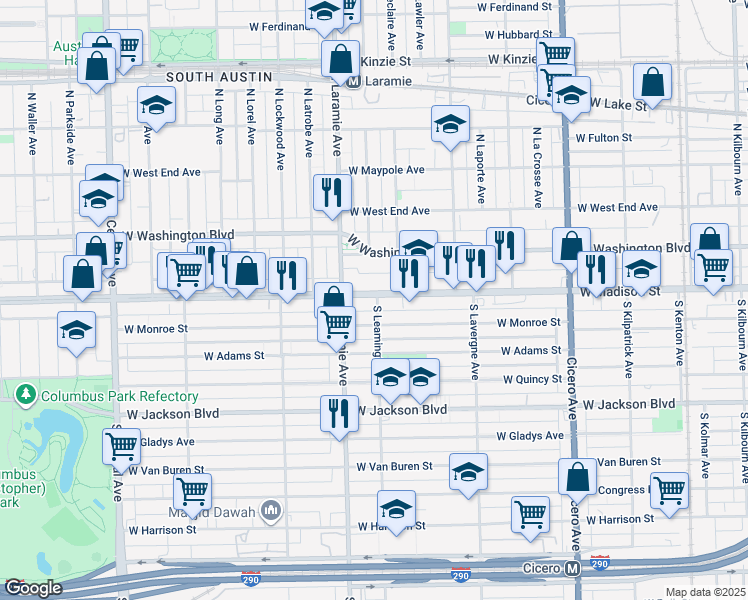 map of restaurants, bars, coffee shops, grocery stores, and more near 5125 West Madison Street in Chicago
