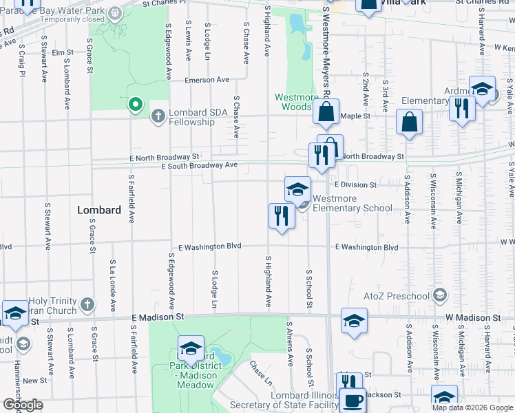 map of restaurants, bars, coffee shops, grocery stores, and more near 408 South Highland Avenue in Lombard