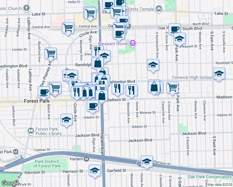 map of restaurants, bars, coffee shops, grocery stores, and more near 1100 Madison Street in Oak Park