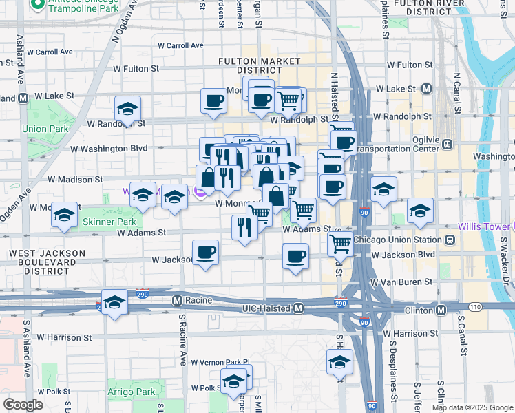 map of restaurants, bars, coffee shops, grocery stores, and more near in Chicago